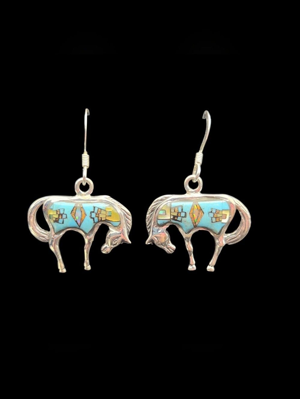 Sterling Silver Turquoise & Opal Inlay Horse Earrings